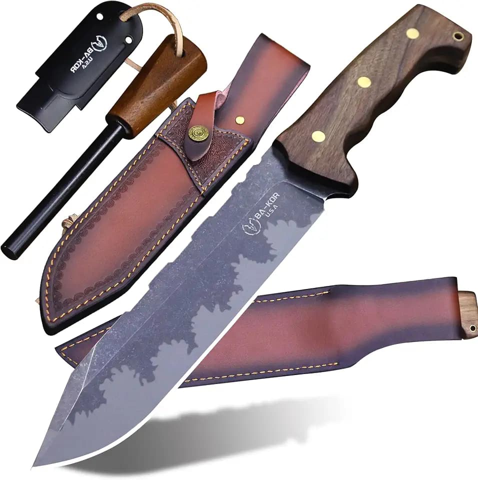 BA-KOR DC53 Steel 36CM (14.3IN) Full Tang 6mm Thick Fixed Knife+Sheath&(5.9IN) Cerium Igniter, Suitable for Outdoor Hunting, Camping, Survival Exploration, EDC