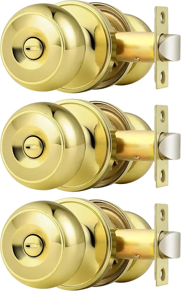 Probrico Polished Brass Privacy Door Knobs,Interior Door Knob for Bedroom and Bathroom Keyless Door Locksets, 3 Pack