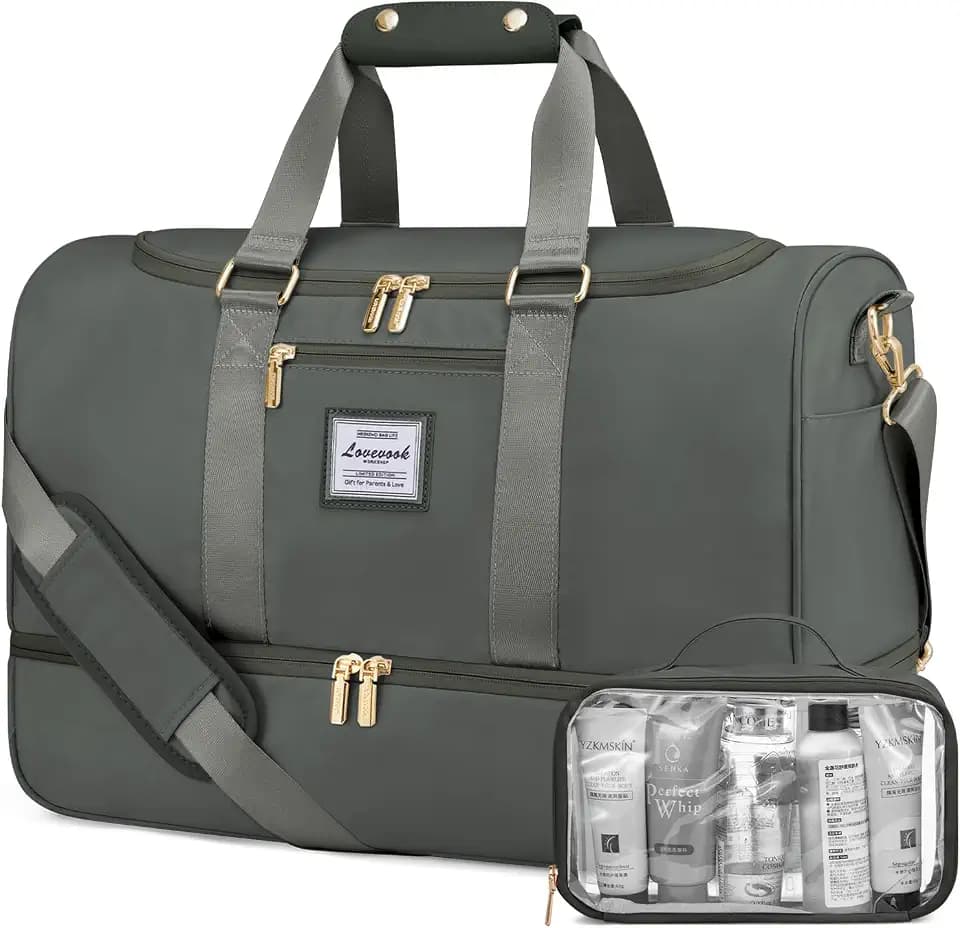 LOVEVOOK Sporttasche Reisetasche Damen, Weekender Travel Bag mit Kulturtasche, Schuhfach & Nassfach, Wasserdicht Strandtasche Schwimmtasche Saunatasche, Handgepäck Tasche für Sport Urlaub, Grün