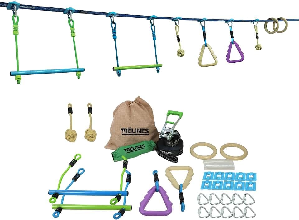 36ft. Ninja Adventure Kit, Slackline Obstacle Course and Outdoor Playground Set - 8 Ninja Warrior Accessories - Monkey Bars for Backyard, Kids Outdoor Play Jungle Gym - Ages 5+ Holds 250lbs