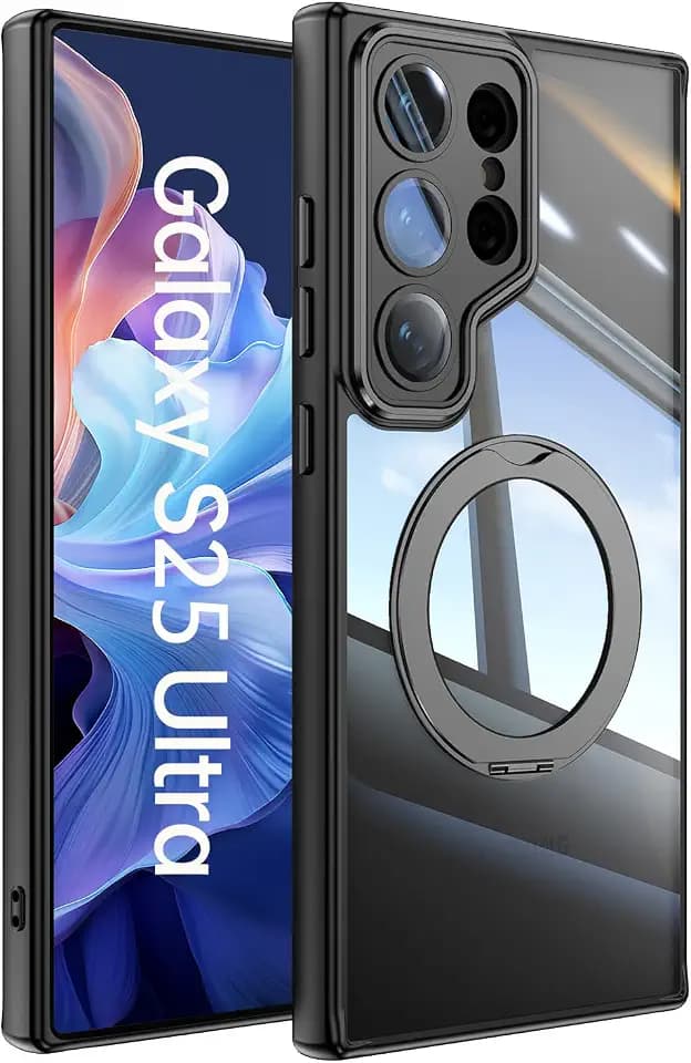 【360°Spin Magnetic Stand】 Case for Galaxy S25 Ultra 【Fit for MagSafe & Pixelsnap】 Cover with Ring Holder 【No-Yellow Crystal Crystal 】 Camera Protection Phone Samsung Galaxy S25 Ultra Case - Black