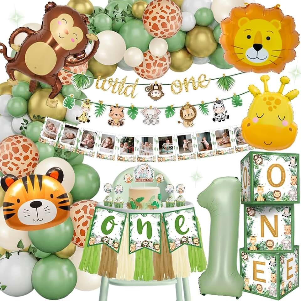 1. Geburtstag Junge Mädchen, Dschungel Safari Geburtstagsdeko mit 1. Dschungel Safari Tierballonbogen, Fotobanner, Ballonbox, Hochstuhl Banner, Tortenaufsatz, Wild One Geburtstag Deko für Jungen
