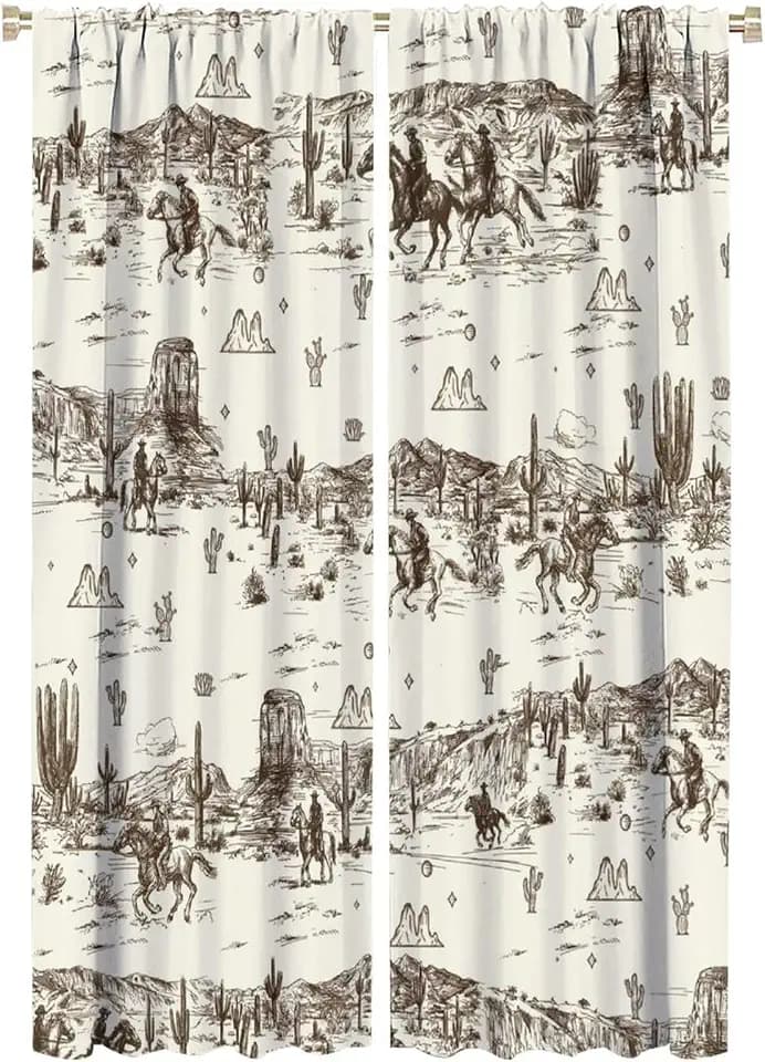 Vintage American Wilderness Western Cowboy Rod Pocket Curtains for Bedroom - Sketch Style Western Cowboy Cacti Window Drapes,Energy Saving Blackout Curtains 2 Panels 63" L x 21" W