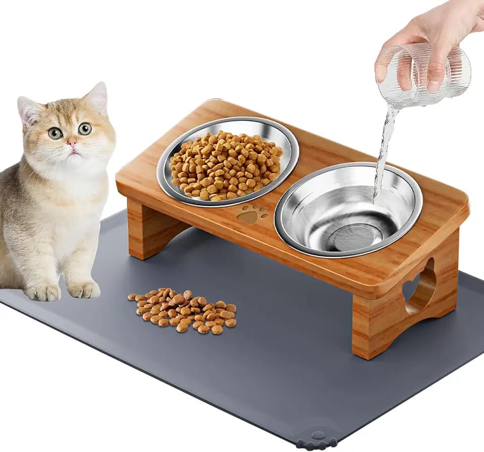 Elevated Cat Bowls with 15° Tilted Solid Wood Stand, Stainless Bowls & Mat