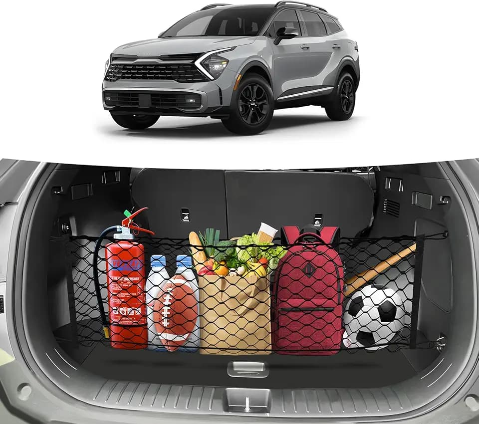 Canvcle Trunk Cargo Net for 2023-2025 2026 Kia Sportage Accessories Envelope Style Mesh Trunk Net Organizer and Storage Stretchable Adjustable Elastic Nylon Rear Cargo Netting with Hooks