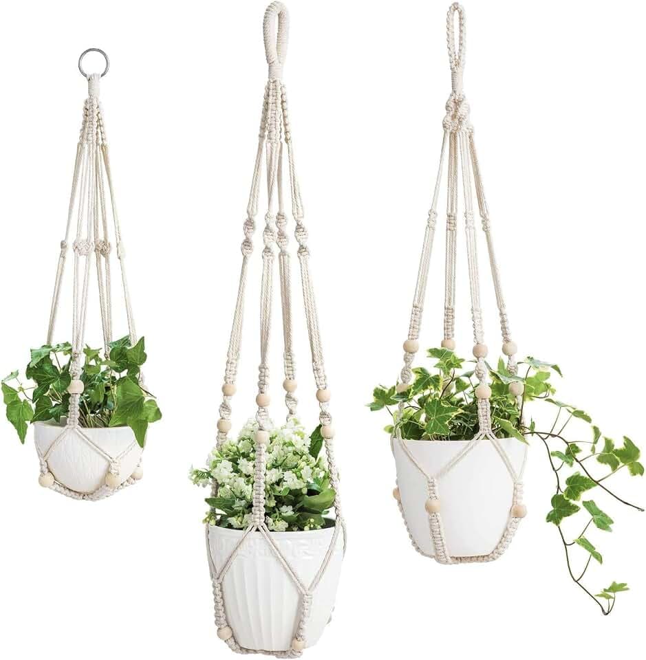 Mkouo 3 Pack Makrame Pflanzenbügel hängende Pflanzenbügel für Innenpflanzen | Elfenbein, 3 Größen 89 cm / 74 cm / 58 cm, hängender Pflanzenhalter Korb mit Perlen, Töpfe nicht im Lieferumfang enthalten