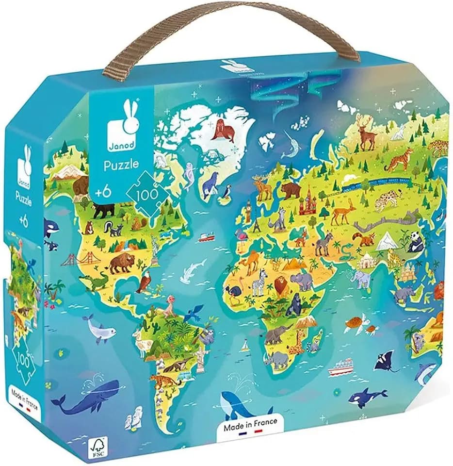 Janod - Kinderpuzzle Die Welt 100 Teile - Lernspiel Feinmotorik und Konzentration - Koffer mit Griff FSC-Zertifiziert - Ab 6 Jahren, J02607, Multicolored