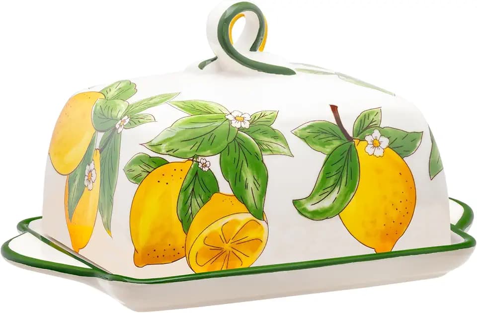 Keramik Butterdose mit Deckel Griff & buntem Muster, Spülmaschinenfest Groß Bunt, Butterdosen Butterglocke Butterschale Ceramic Butterbox Butter-Aufbewahrung Küche Glocke