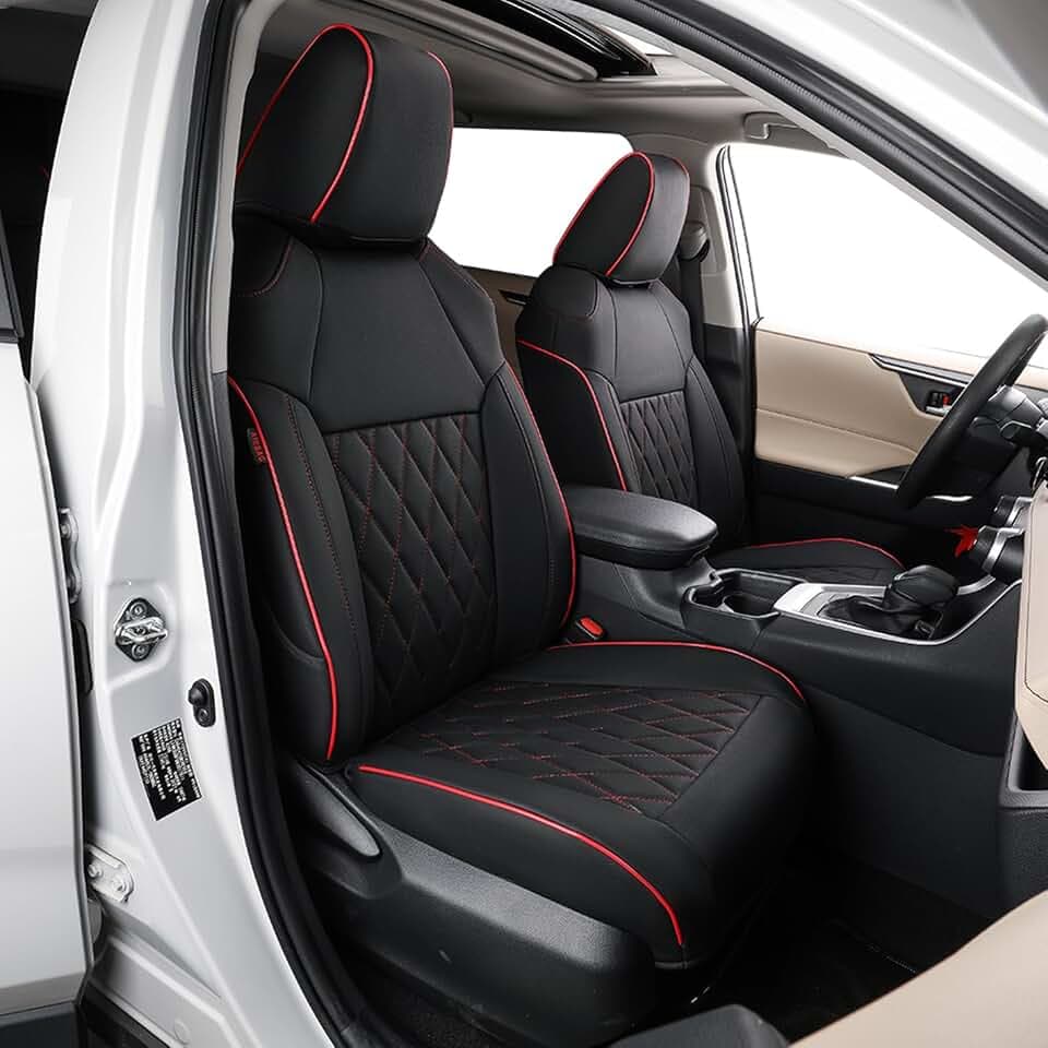 EKR RAV4 Autositzbezüge für ausgewählte Toyota RAV4 2019 2020 2021 2022 2023 2024 2025 LE,XLE,XLE Premium, Limited, komplettes Set, Leder (Schwarz mit roter Paspelierung)