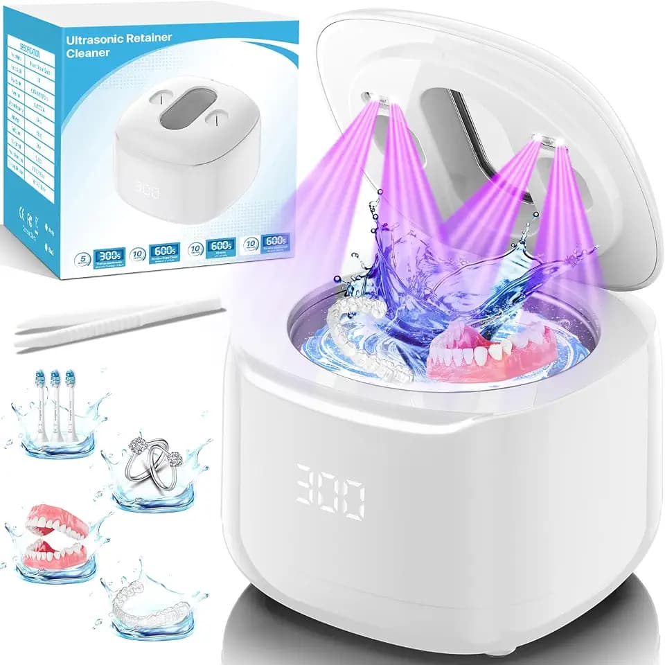 Ultrasonic Retainer Cleaner Machine, 49KHz 220ML Dental Cleaning Pod with 4 Cleaning Modes & Digital Timer, Ultrasonic Dentures Cleaner for Night Guards, Braces, Aligner, Toothbrush, Jewelry, White