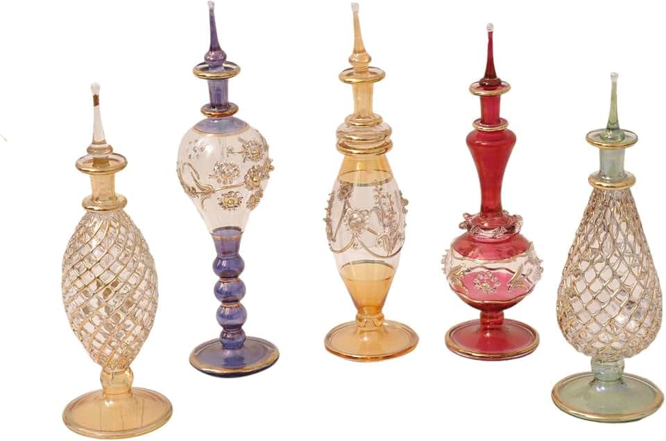 CraftsOfEgypt LOT/Set of 5 Golden Mouth Blown Egyptian Perfume Bottles Glass vials Height 6 inch (16 cm)