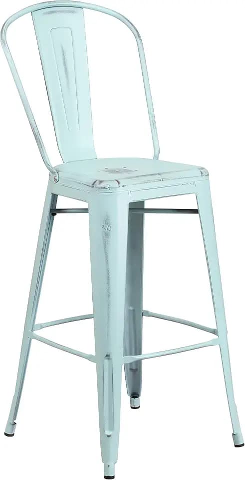 Flash Furniture High Distressed Barhocker mit Rückenlehne, Metall, Grün-Blau, 78,74 x 50,8 x 48,26 cm