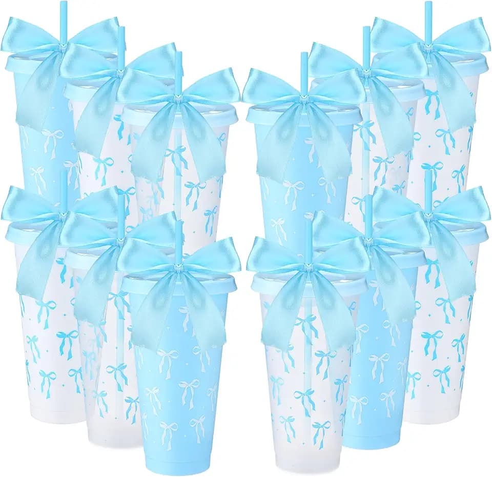 Skylety 12 Pcs Blue Bow Plastic Cups with Lid Straw and Ribbon