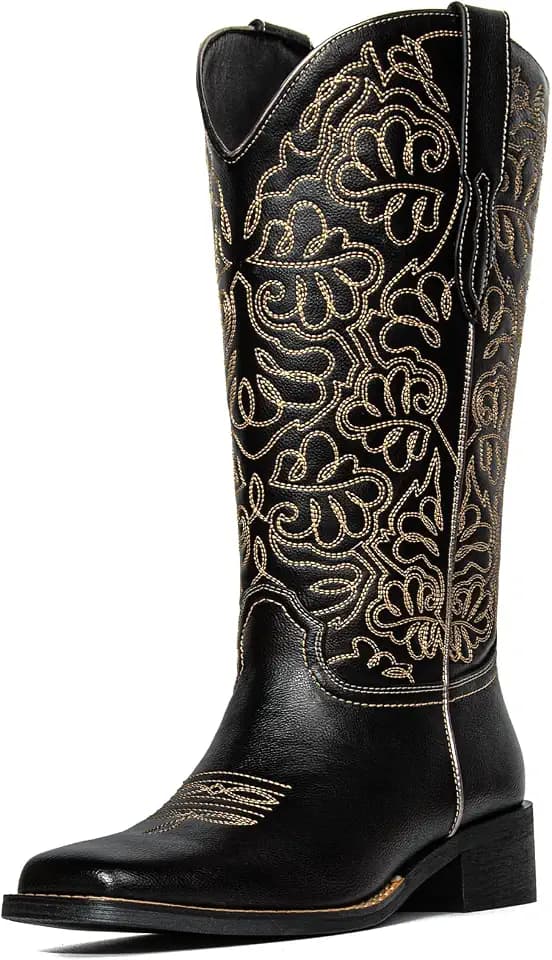 Western Cowboy Boots for Women Knee High Cowgirl Boots with Classic Embroidered, Pointed Toe Chunky Heel Fashion Retro Classic Pull On Tall Boot Women Fall Winter