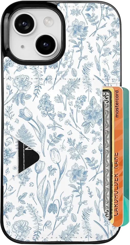 uCOLOR for iPhone 13 14 15 Case with Card Holder- Slim (Blue Toile Flowers)