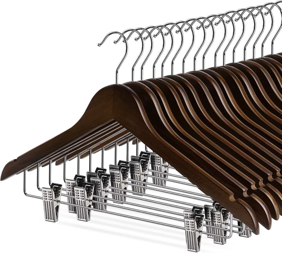 Wooden Clothes Hangers with Clips, 16Pack Wood Skirt Hangers with Clips, High-Grade Selected Walnut Wood Hangers with Sturdy Metal Clips for Pants, Suit, Heavy Winter Coat, Jacket, Formal Dress