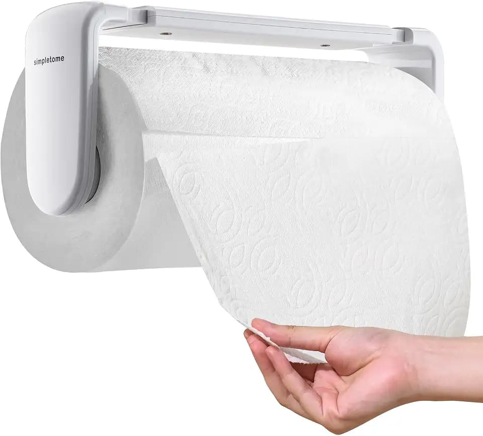 simpletome Küchenrollenhalter Unter Dem Schrank Oder Wandhalterung Einhandbedienung Spannarm (Weiß, für 18-23cm/7-9inches Rolle)