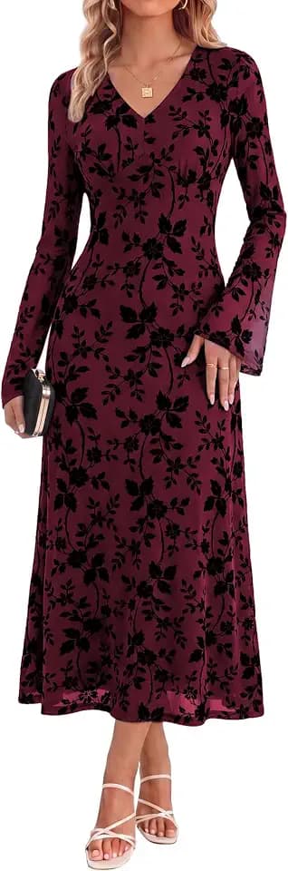 GRACE KARIN Damen Langarm Maxikleid V-Ausschnitt A-Linien Abendkleid