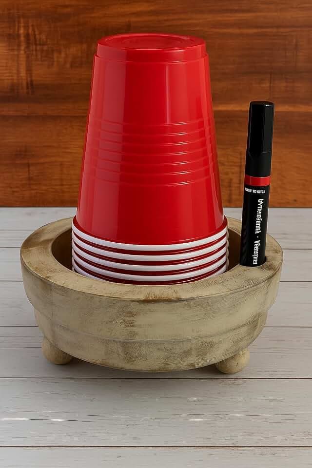 New Years Gifts Wooden Party Cup Holder with Marker Holder, Disposable Cup Dispenser for Kitchen - Organiser Rustic Finish (White)
