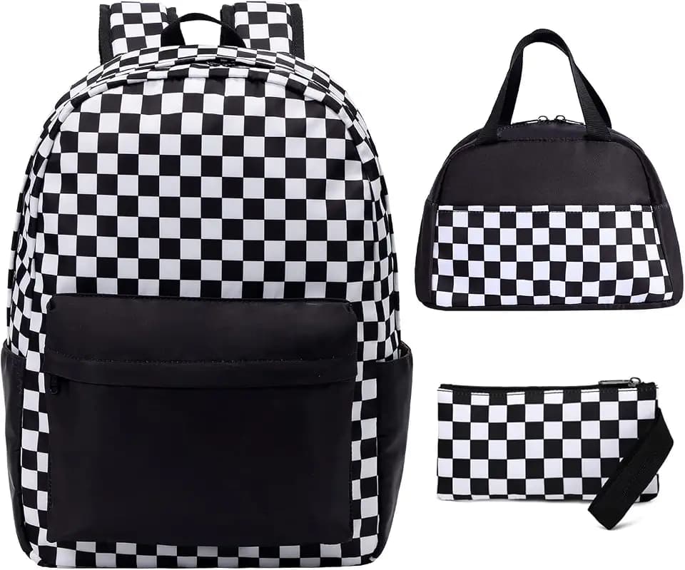UREYMX Checkered Backpack School Backpack Boys Girls Backpacks for Kids Large Capacity Waterproof Lightweight Backpack Black