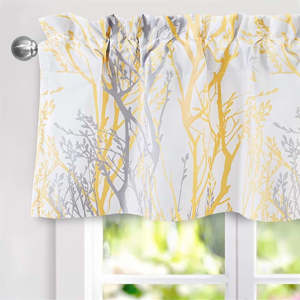 DriftAway Tree Branch Lined Valance Double Layer Blackout Thermal Insulated Abstract Ink Printing Window Curtain Valance Rod Pocket 52 Inch by 14 Inch Plus 2 Inch Header Yellow 1 Pack