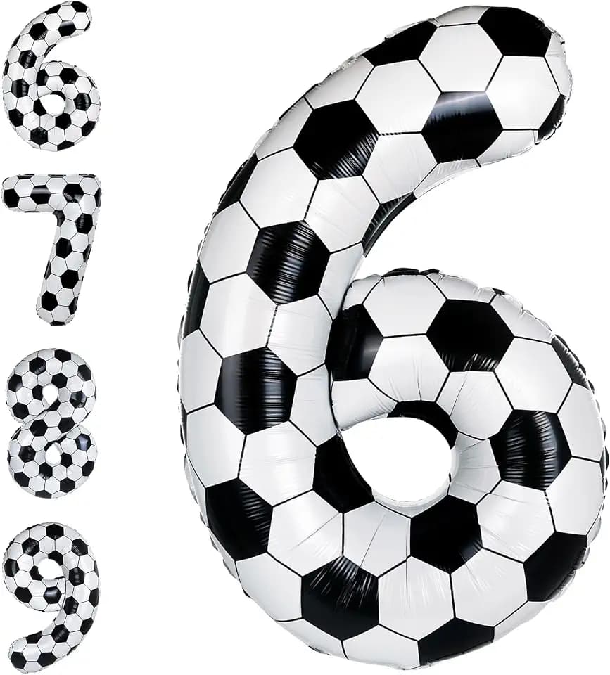 Soccer Number 6 Black White Balloons,40 Inch Giant Number with World Cup Soccer Sports Theme Favors,Birthday Party 6th Anniversary Decorations Supplies for Football Lover Sports Game