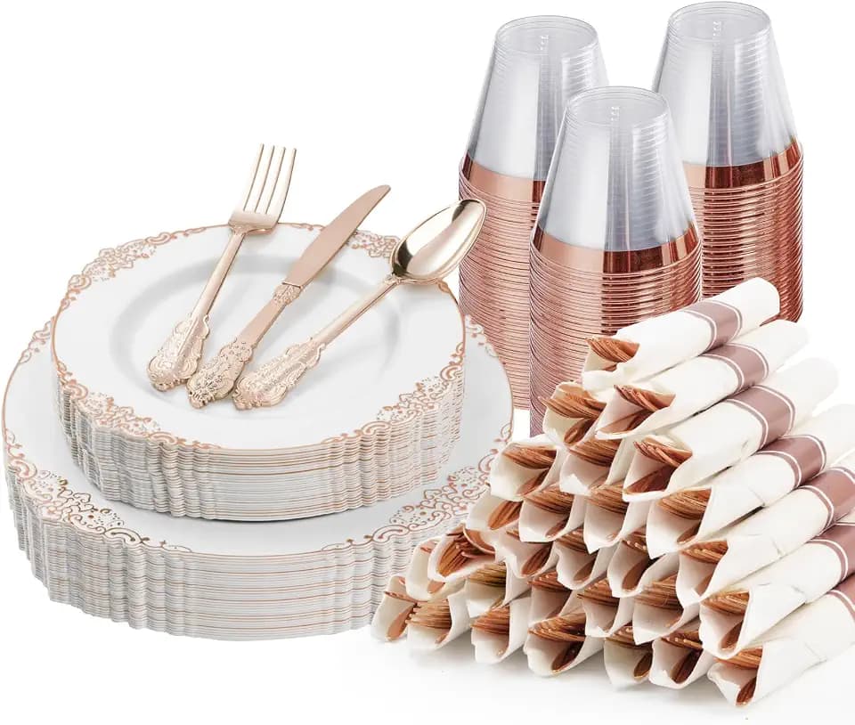 Bestluck 175PCS Rose Gold Disposable Dinnerware for 25 Guests