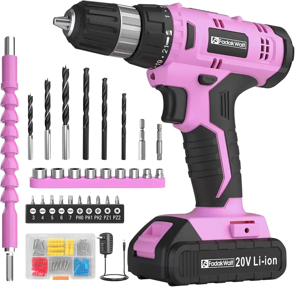 FADAKWALT Cordless Drill Set, 20V Electric Power Drill with Battery And Charger, Torque 30N, 21+1 Torque Setting, 3/8-Inch Keyless Chuck, Driver Bits Kit, with LED Electric Drill Set. （Pink)