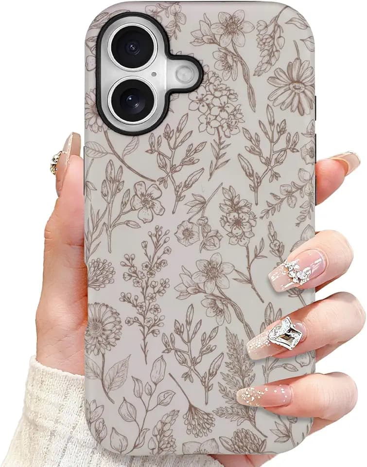 SOKAD Magnetic Sage Floral Phone Case for iPhone 16, Beige Flower