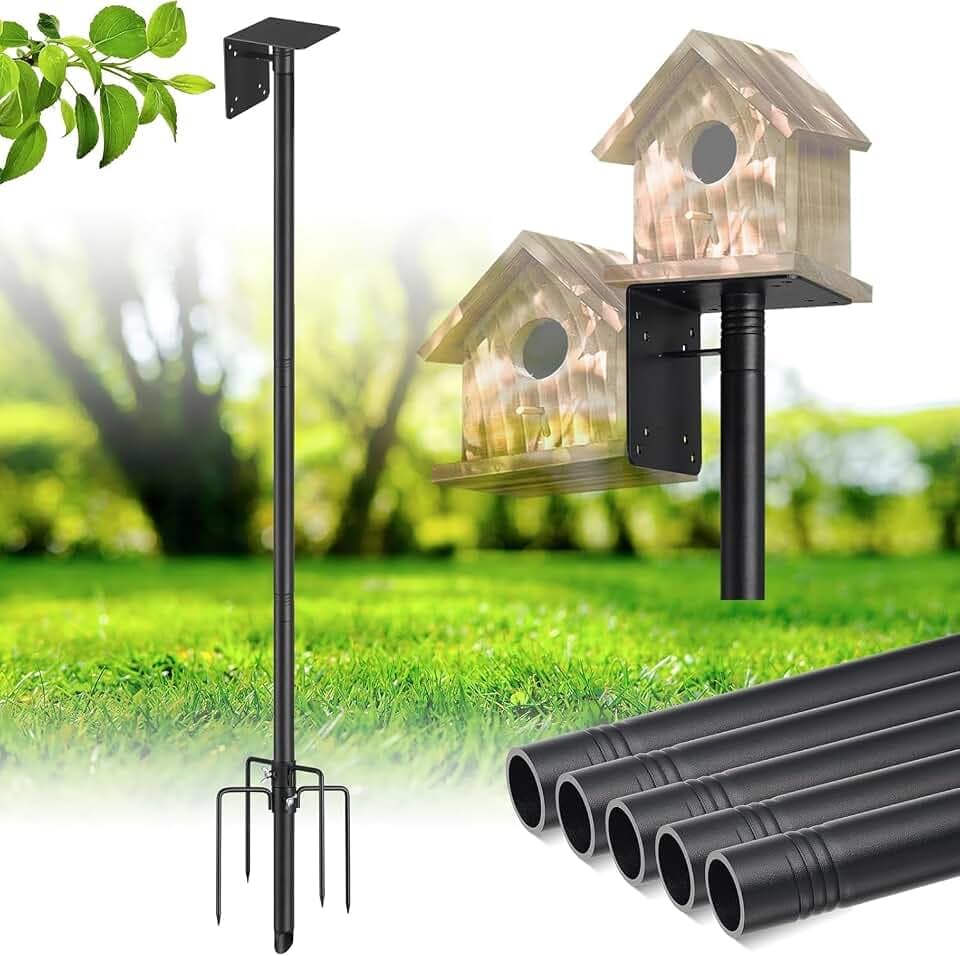 Vogelhausständer, 220cm Verstellbare Vogelhaus Ständer Bluebird Hausstange im Freien mit 5 Zinken winddichter Pfahl, mit Montagehalterung, für Bluebird House, Bird Buddy, Wetterstation