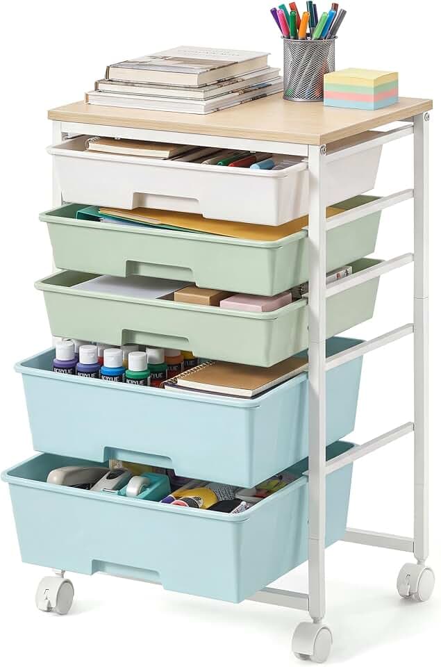 VASAGLE Rolling Cart with Drawers,5 Drawers Storage Cart, Green and White
