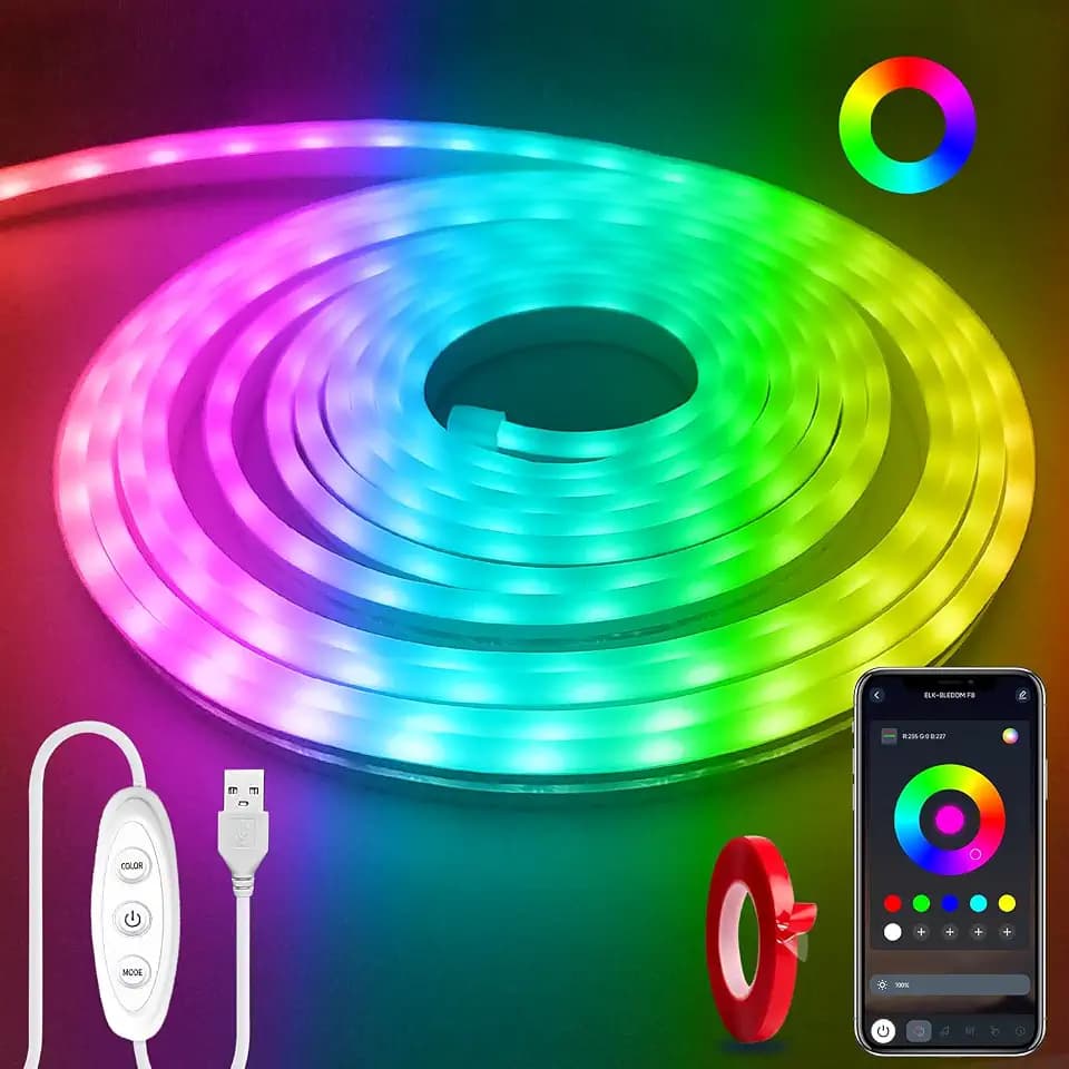 5V Neon Rope Lights 16.4ft，Neon Strip Lights with App Control,USB Powered Music Sync Flexible DIY Design,RGB LED Strip Lights for Bedroom, Living Room,Party (with Adhesive Backing)
