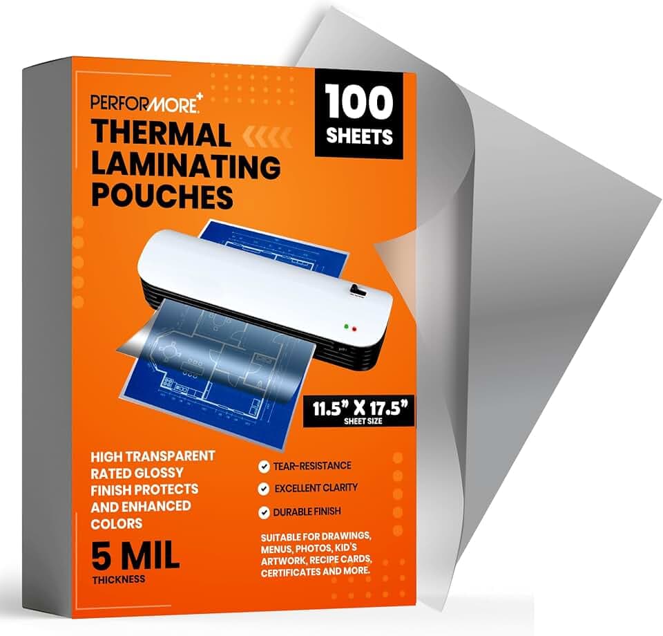 Performore Laminating Pouch Film - High Transparent, 5 Mil Thickness, Rated Glossy - Enhanced Color & Durable Finish - 11" x 17" Size for Professional Results & Lasting Protection (100 Sheets)