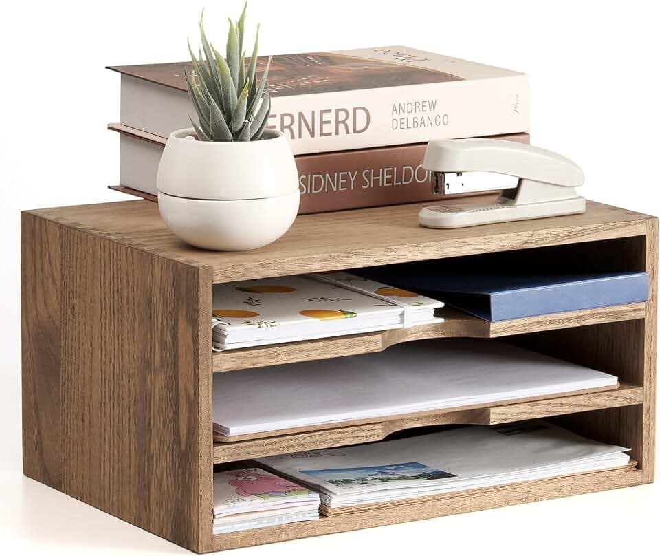 KIRIGEN Briefablage, Dokumenten-Organizer, Papierablage, Dunkelbraun | 3 Fächer, Paulownia-Massivholz, Schreibtisch-Organizer, 35 x 24 x 18 cm, fertig montiert, Zapfenverbindungen, Pflanzenöl