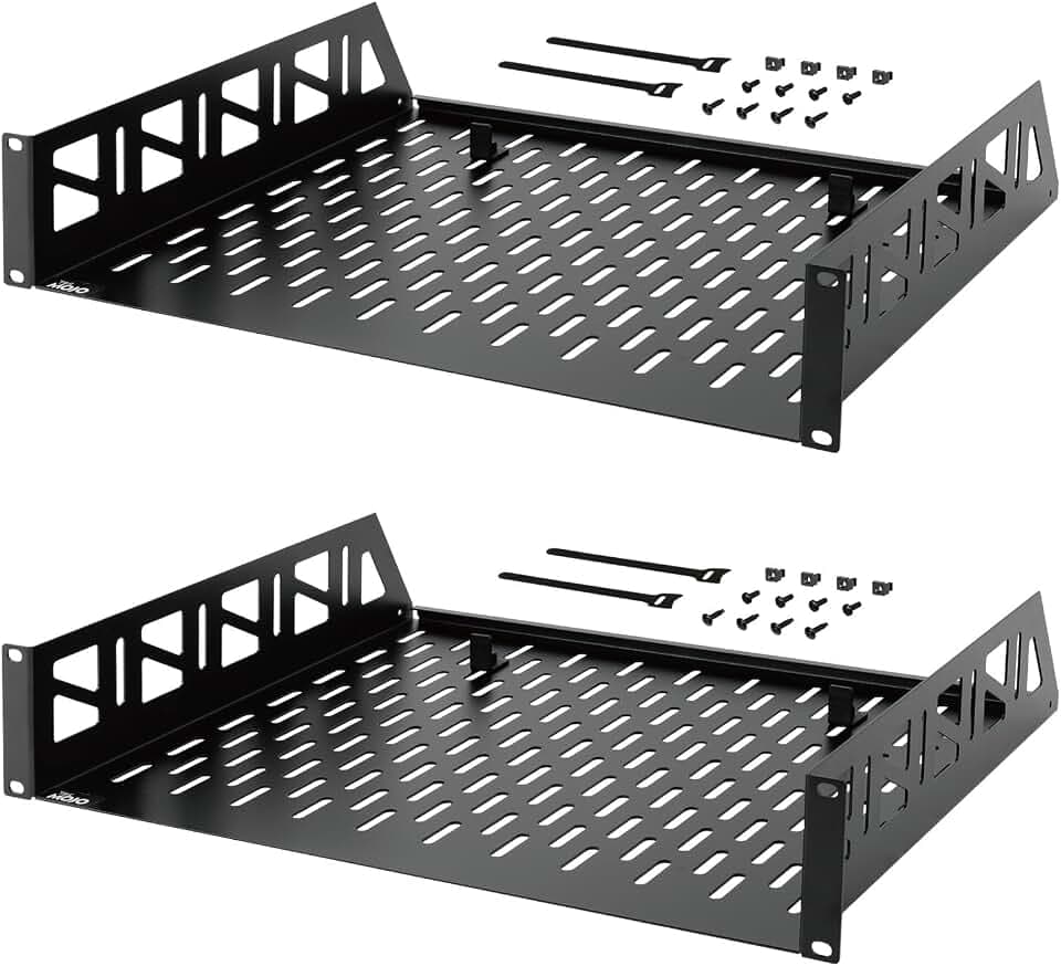 Tecmojo 2 Pack 2U Rack Shelf,19 inch Rack Mount Shelf 14 inch Depth,with Anti-Slip Stops,Server Rack Shelf and Network Shelf for 19 in Equipments, 55lbs Capacity of Vented 2U Shelf,Black,No Lip