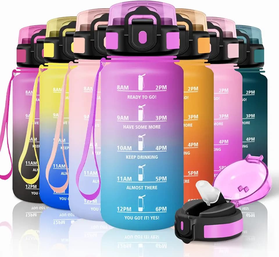 Motswedi Trinkflasche Kinder, 500ml Auslaufsicher, Trinkflasche Kohlensäure Geeignet, mit Zeitmarkierung, Wasserflasche, Sportflasche, für Schule, Sport, Yoga, Fitness, Büro, Rosarot & Cyan
