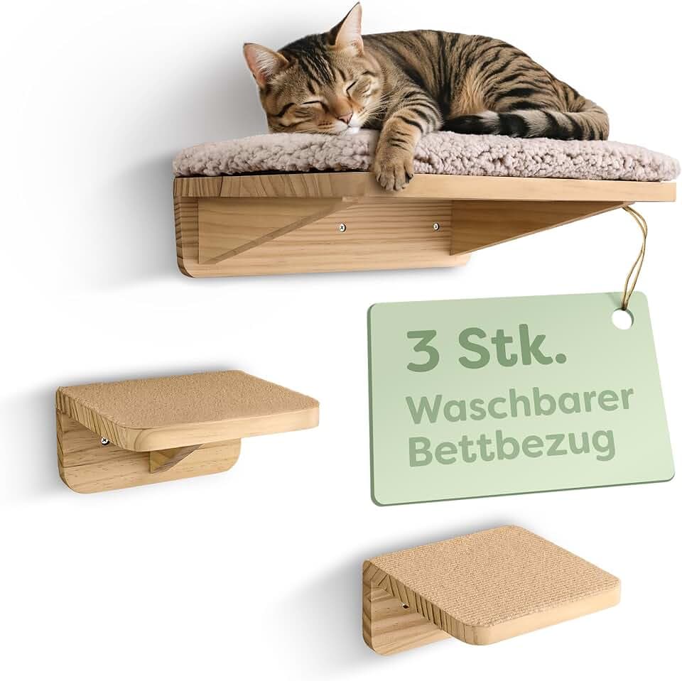 Knupis Katzen Kletterwand Beige – Katzenbett & 2 Treppen – Wandliege Holz