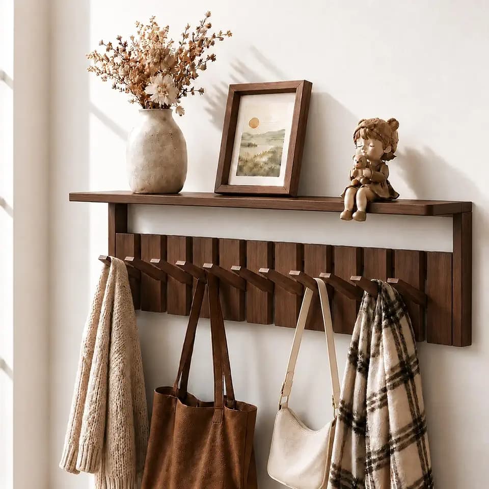 Coat Rack Wall Mount with Shelf, Wood Coat Rack with 12 Hooks, Decorative Wall Storage for Entryway, Bedroom, Bathroom, Living Room and Office
