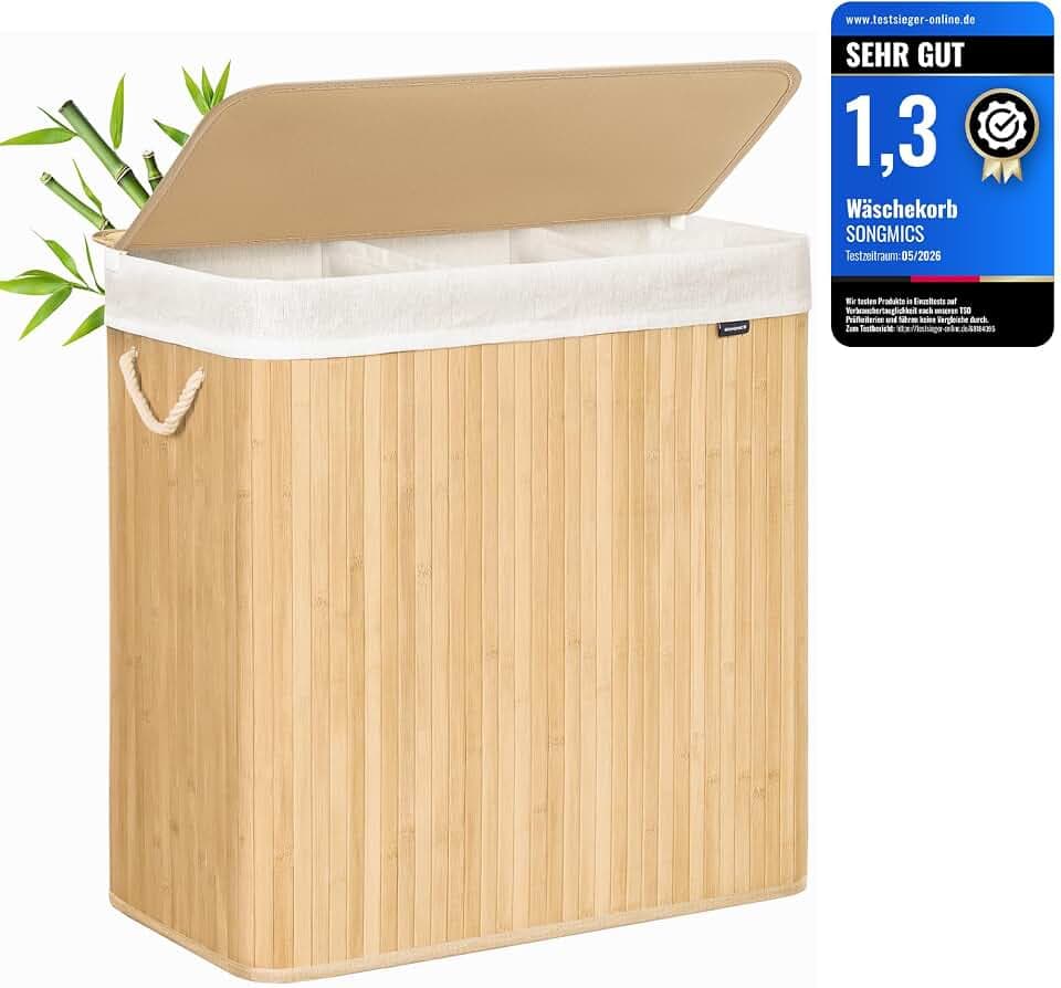 SONGMICS Wäschekorb 3 Fächer, 150 L, mit Deckel, faltbar, Bambus