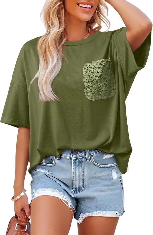 Dokotoo Womens Tops Summer 2026 Oversized T Shirts Lace Pockets