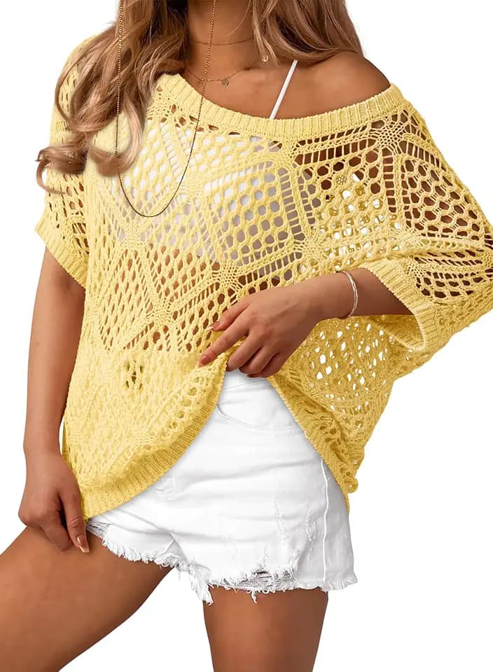 Dokotoo Women's Crochet Cover Up Tops Summer Short Sleeve Off Shoulder Sweater Shirts Beach Swimsuit Coverup