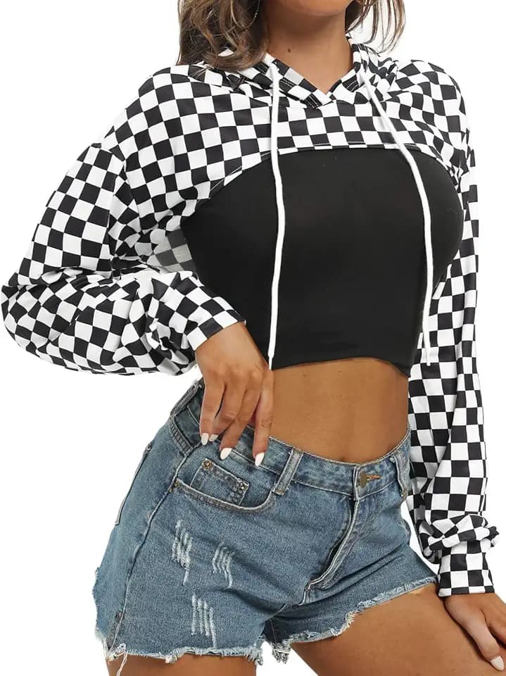 BEJONS Women Long Sleeve Cropped Super Crop Top Hoodies Sweatshirt Aesthetic Punk Hip Hop Dance Sexy Rave Cloth