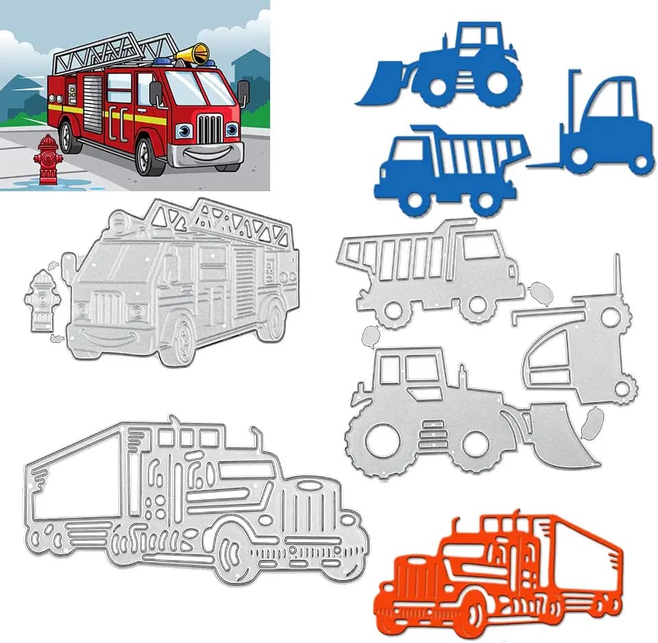 5 Stück Stanzschablone Auto Set Stanzformen Feuerwehrauto Feuerlöscher Schneiden lkw Traktor Bagger Prägeschablonen Prägung Schablone Stanzschablonen für Kinder DIY Scrapbooking Album Karten Basteln