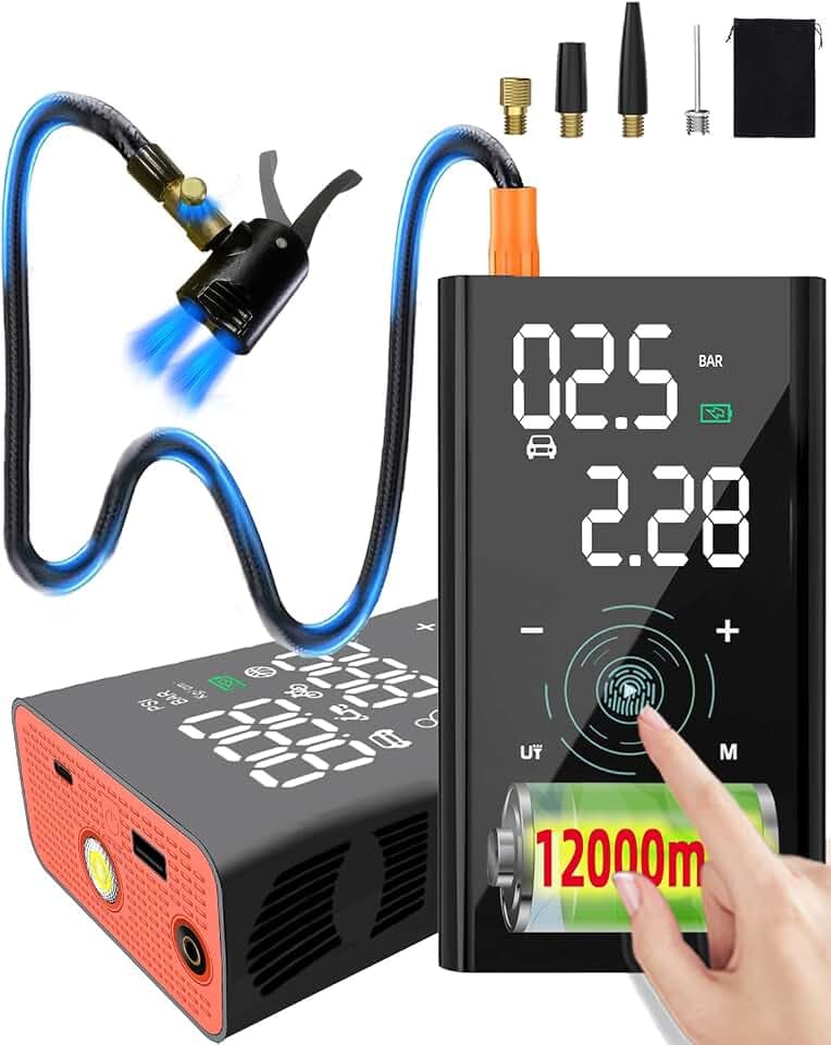 12000mAh Akku Luftpumpe Auto, 4X Schneller Mini Kompressor, 150PSI Fahrradpumpe Alle Ventile, Elektrische Luftpumpe Klein Mit Manometer/Lampe/Typ C, Für Motorrad/Fahrrad/Fußball