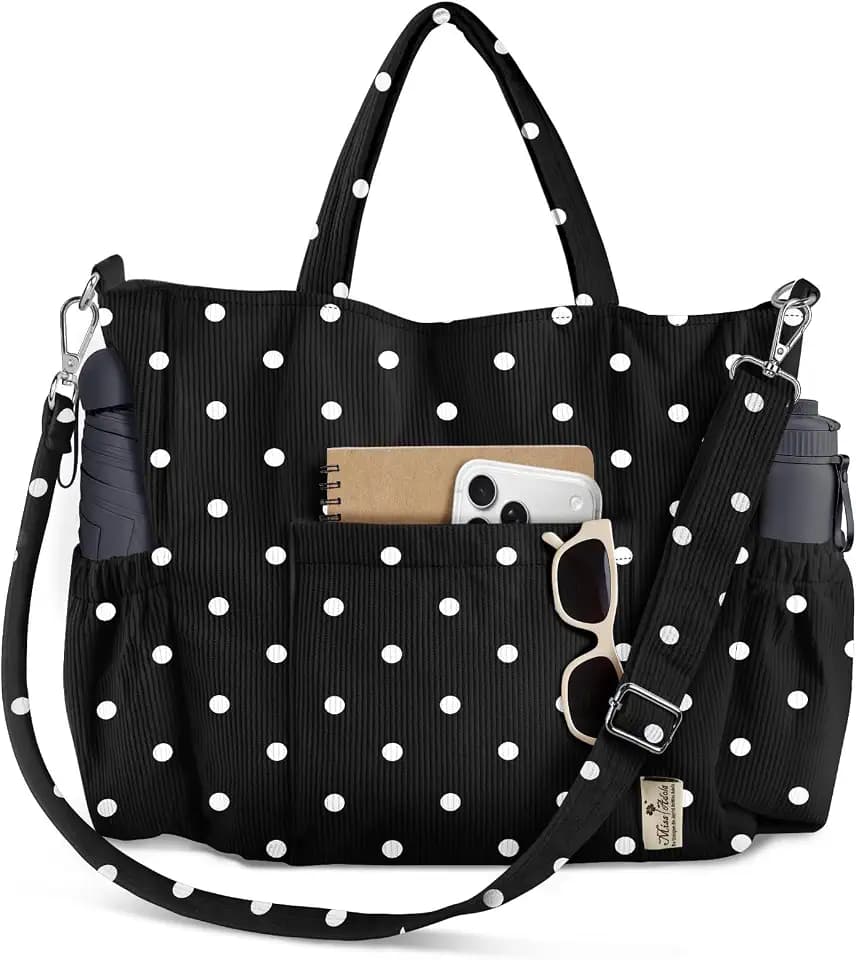 Miss Adola Stylish Corduroy Crossbody Tote Bag, White Polka Dots