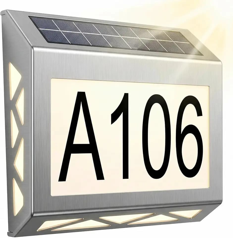 Solar Hausnummernleuchte, Hausnummer Beleuchtet Solar 8 LEDs, Beleuchtete Hausnummer mit LED Beleuchtung aus Edelstahl IPX5, Automatische Tag- und Nachterkennung, 10 Lumen