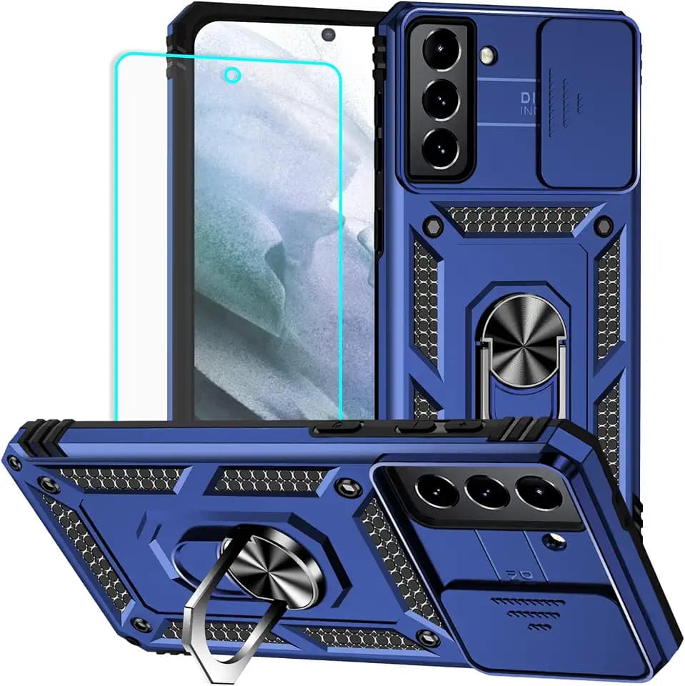 HNHYGETE for Galaxy S21 Case with Screen Protector: [Military Grade 20ft. Drop Tested] Ring Shockproof Protective Phone Case for - Samsung Galaxy S21 (Blue)