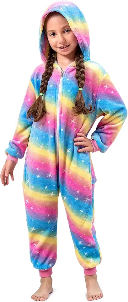 KAKU NANU Kinder Fleece Overall mit Regenbogen Bequemer Einteiler 2 Taschen
