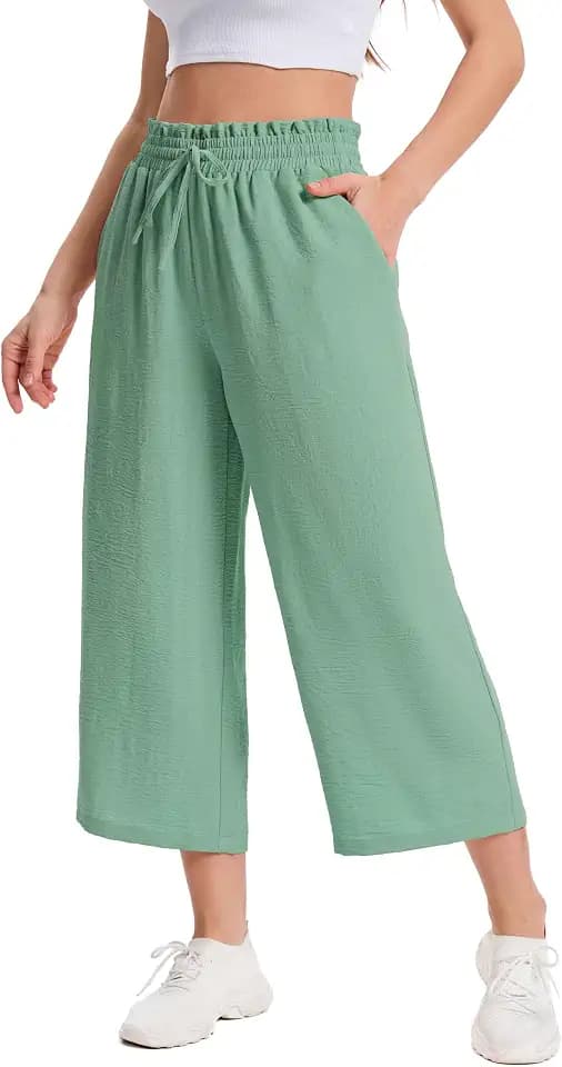 Damen 3/4 Culotte Hose Leichte Sommerhose mit Taschen | Atmungsaktives Stoff Caprihose für Damen