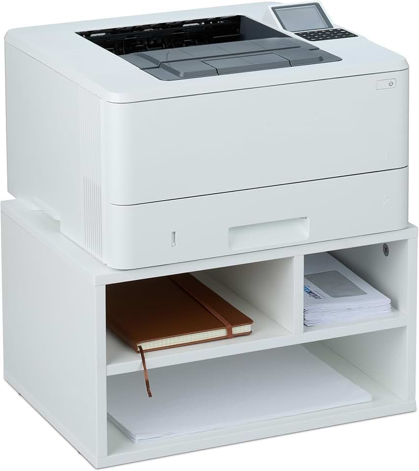 Relaxdays Druckerständer Schreibtisch, 3 Fächer, Regal für Drucker, Druckerhalter, H x B x T: 22,5 x 40 x 30 cm, weiß